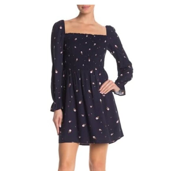 Elodie Dresses & Skirts - Elodie Long Sleeve Smocked Square Neck Navy Floral Dress Sz S